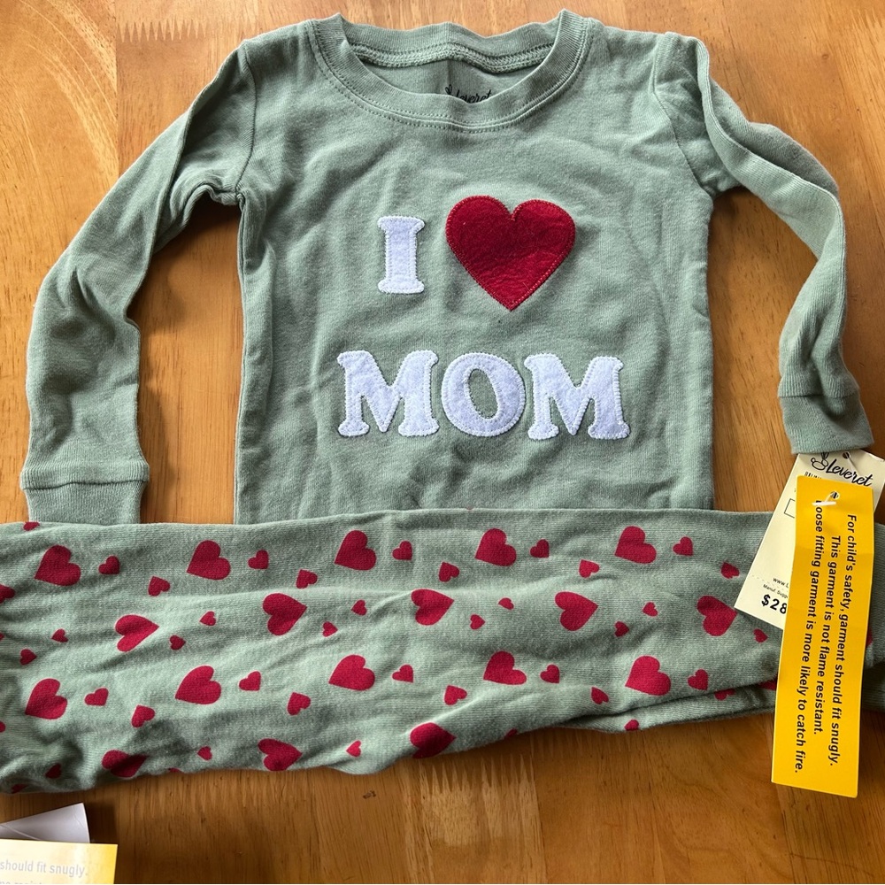 Kids Pajama Set - Green with Red Hearts